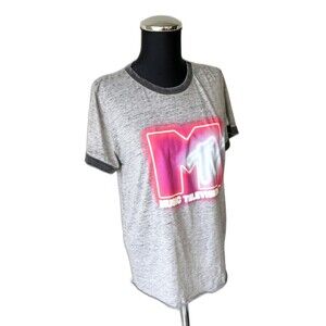 MTV Logo Vintage T Shirt Women's L Pink Purple Grey Lightweight
